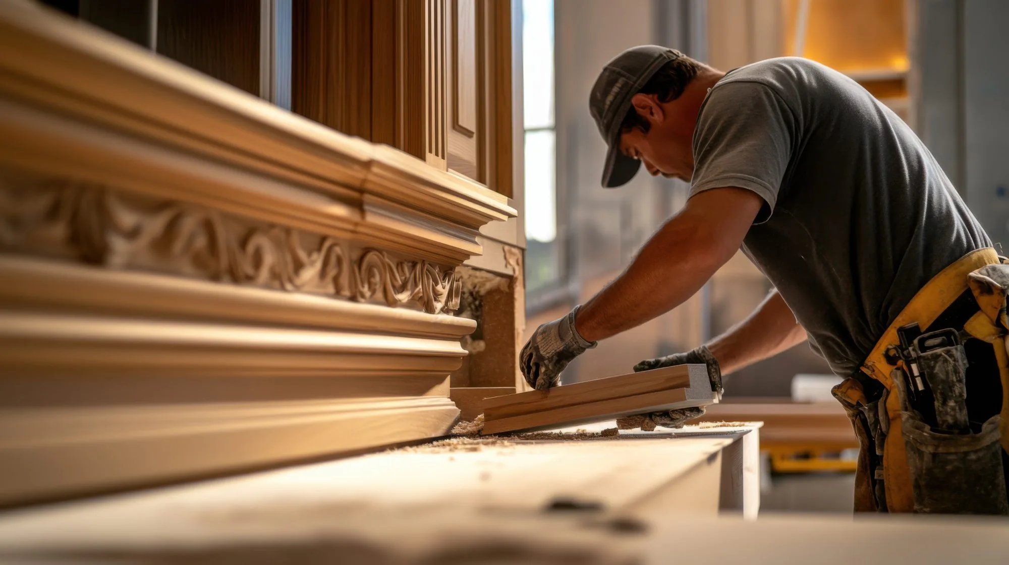 Cabinet maker sanding a cabinet door in the Ultimate Cabinets millwork shop